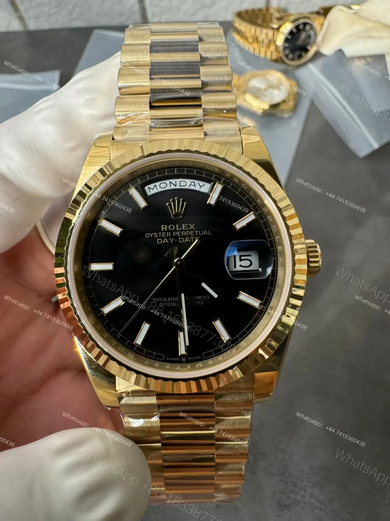 View 12 of Rolex Day-Date M228238-0067 1:1 Replica Gold Black Dial 40MM 3255 Movement Presidential Bracelet Super Clone Watch
