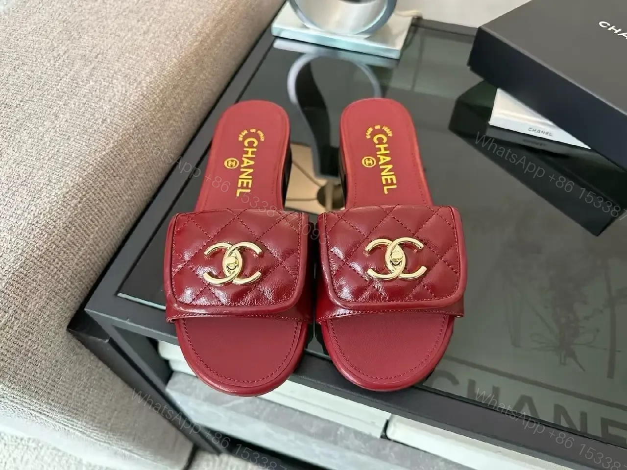 View 8 of Velvet Red Slides with Gold Hardware – Luxe Comfort