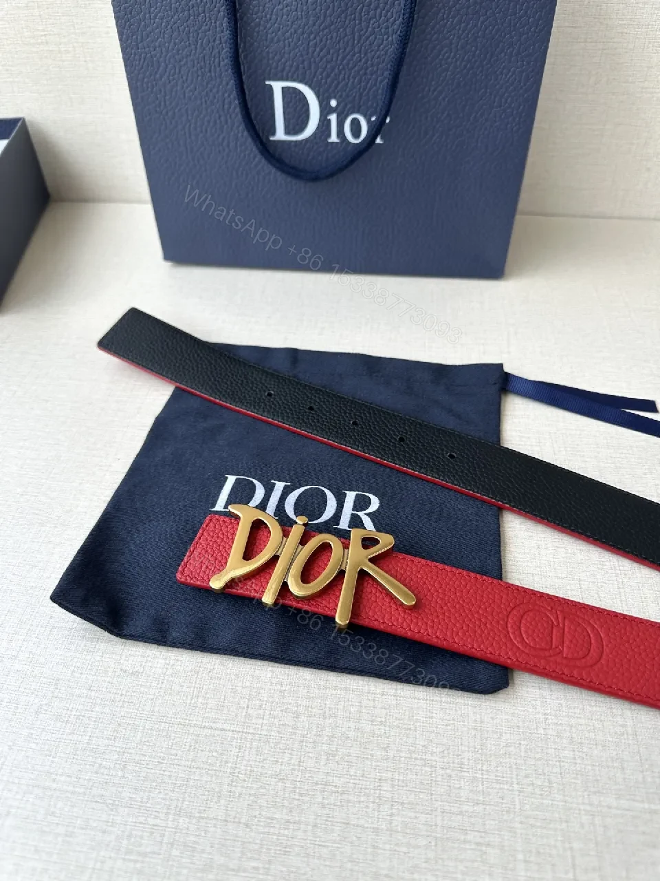 View 6 of Red Leather Belt with Silver Dior-Inspired Buckle