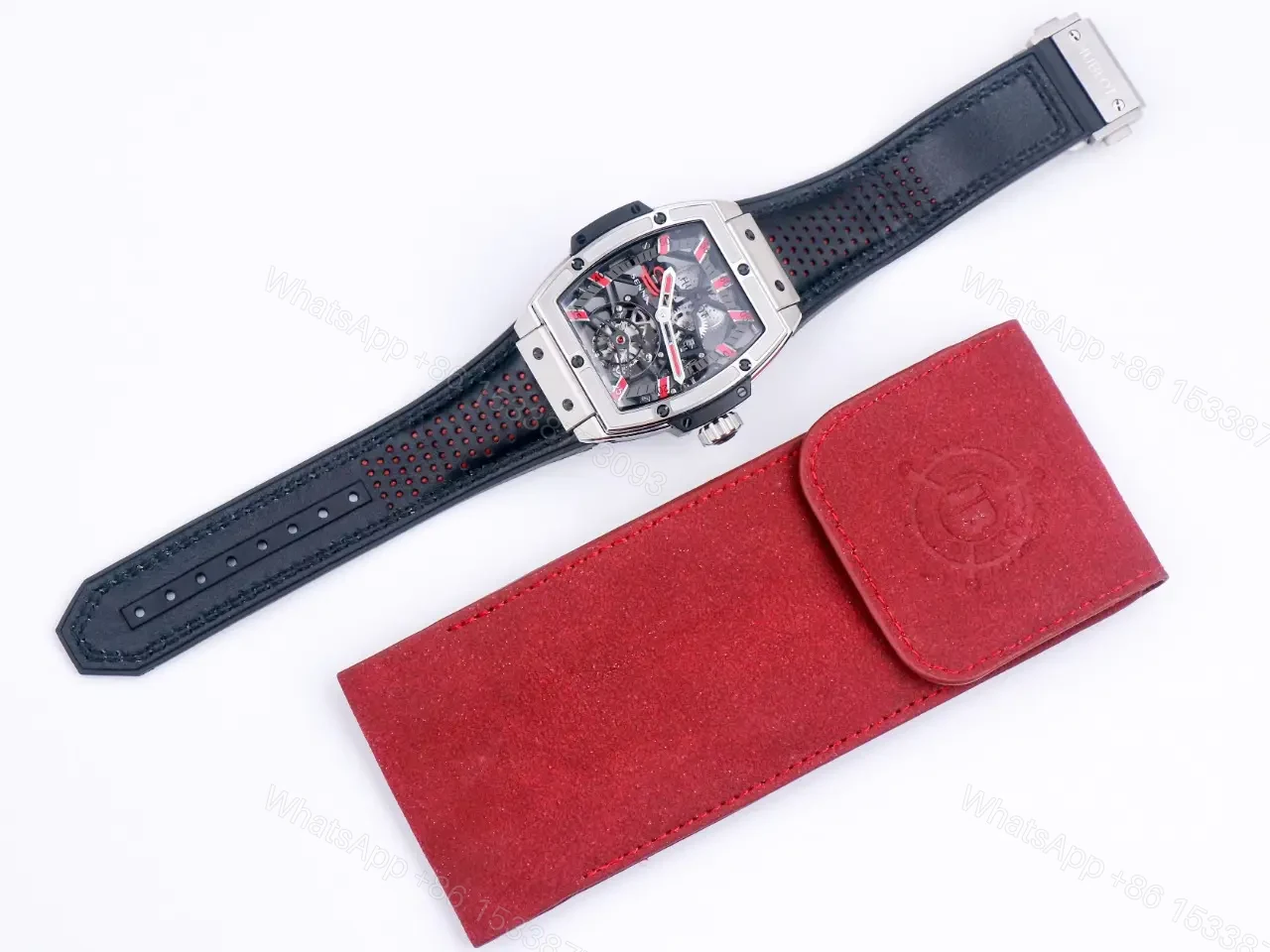 View 3 of Hublot Masterpiece Series 906 Custom Tourbillon Watch Rose Gold/Platinum Black and Red Leather Strap