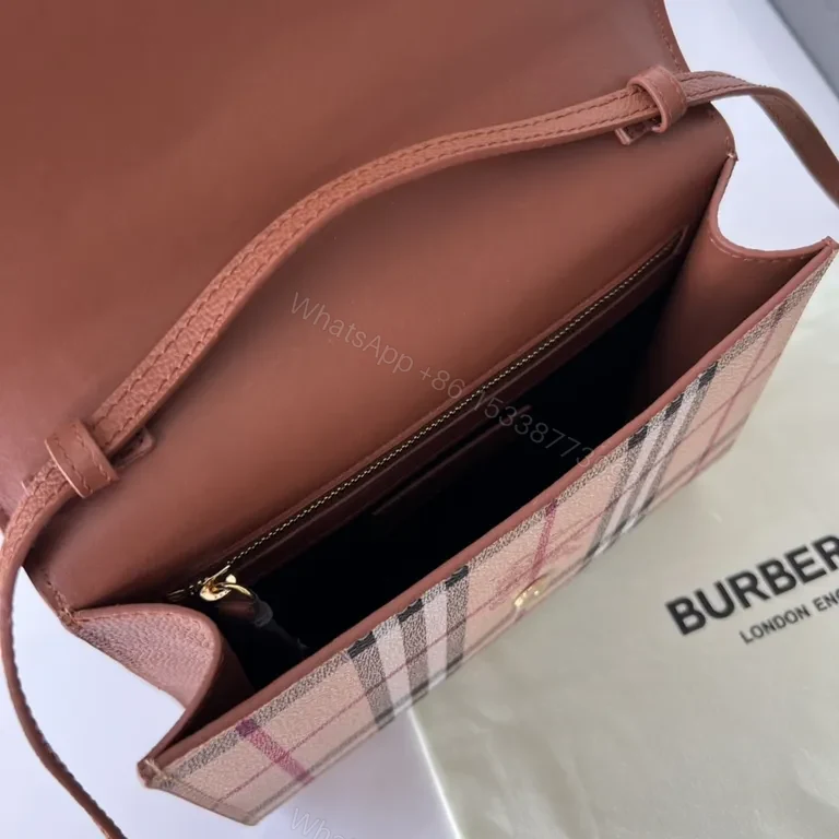 View 9 of Burberry Plaid Crossbody Bag - Cognac Leather, Signature Check