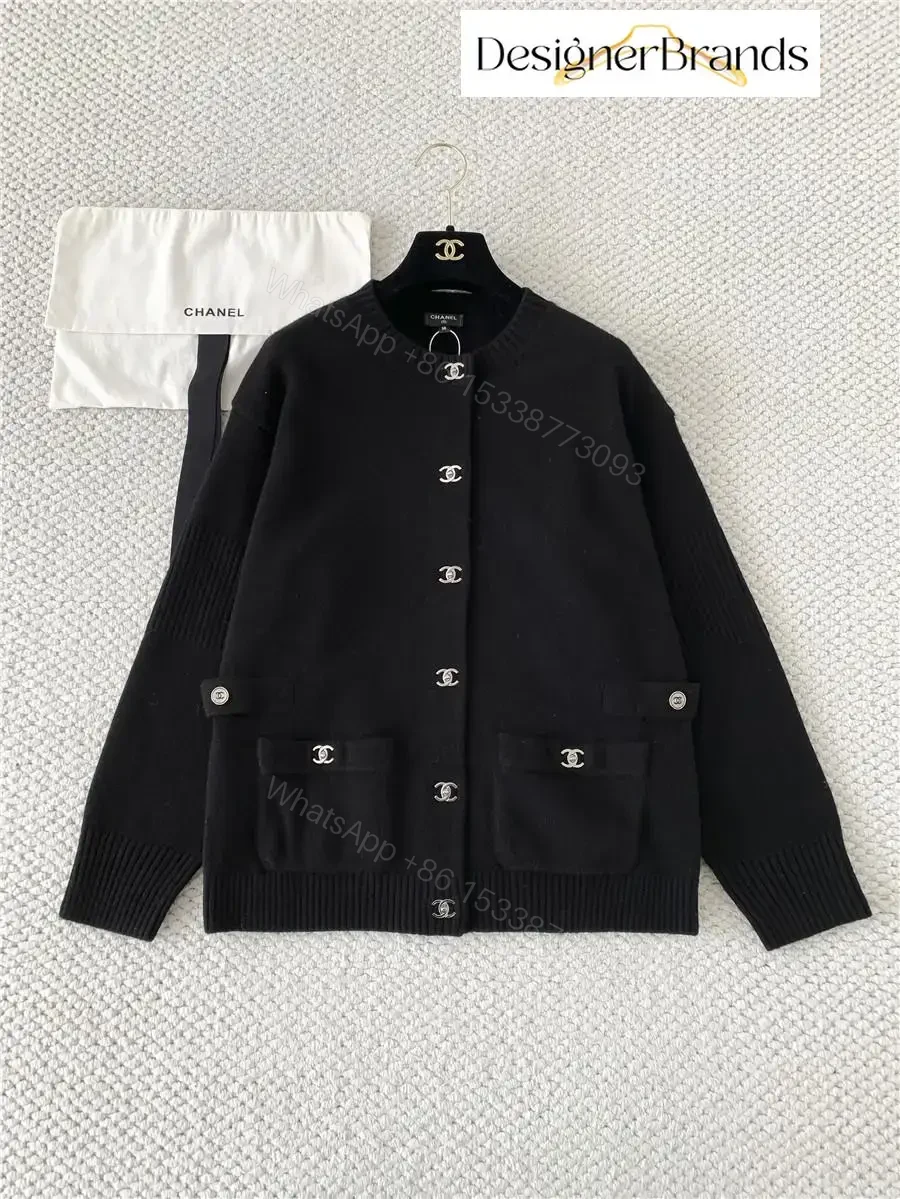 View 2 of Lux Black Knit Cardigan with Iconic Hardware Details