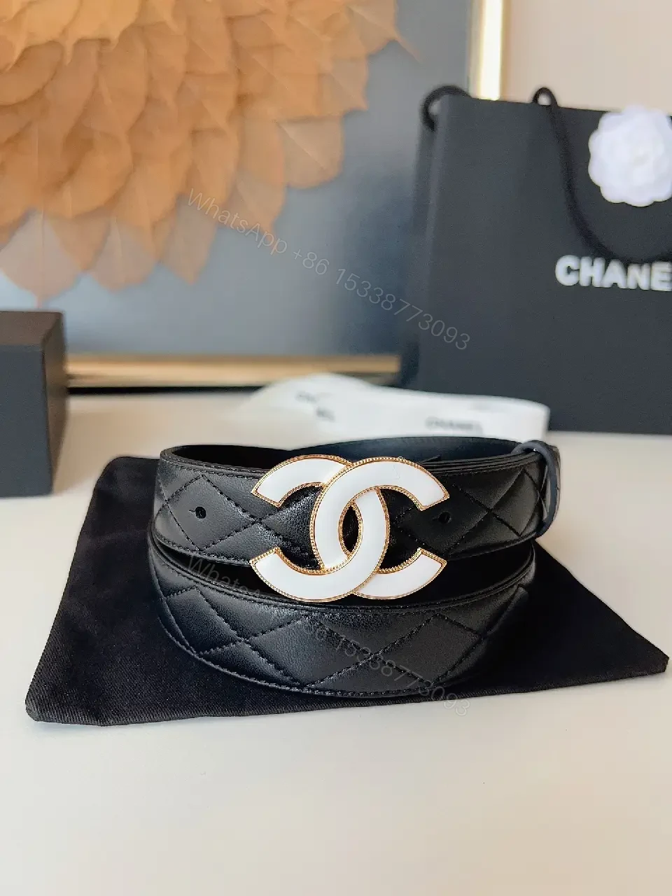 View 5 of Chic Quilted Leather Belt with Gold-C Buckle (60)