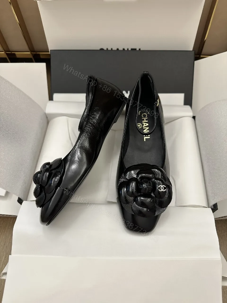 View 6 of Glam Black Patent Flats with Floral Overlay, Slip-On Shoes