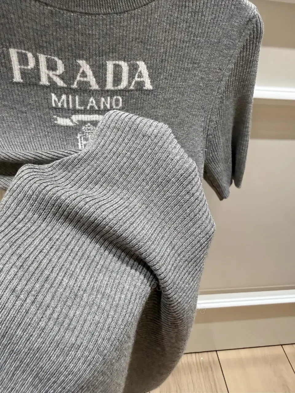 View 4 of Gray Heather Knit Tee, Relaxed Fit, Fine Rib Texture, Prada Logo