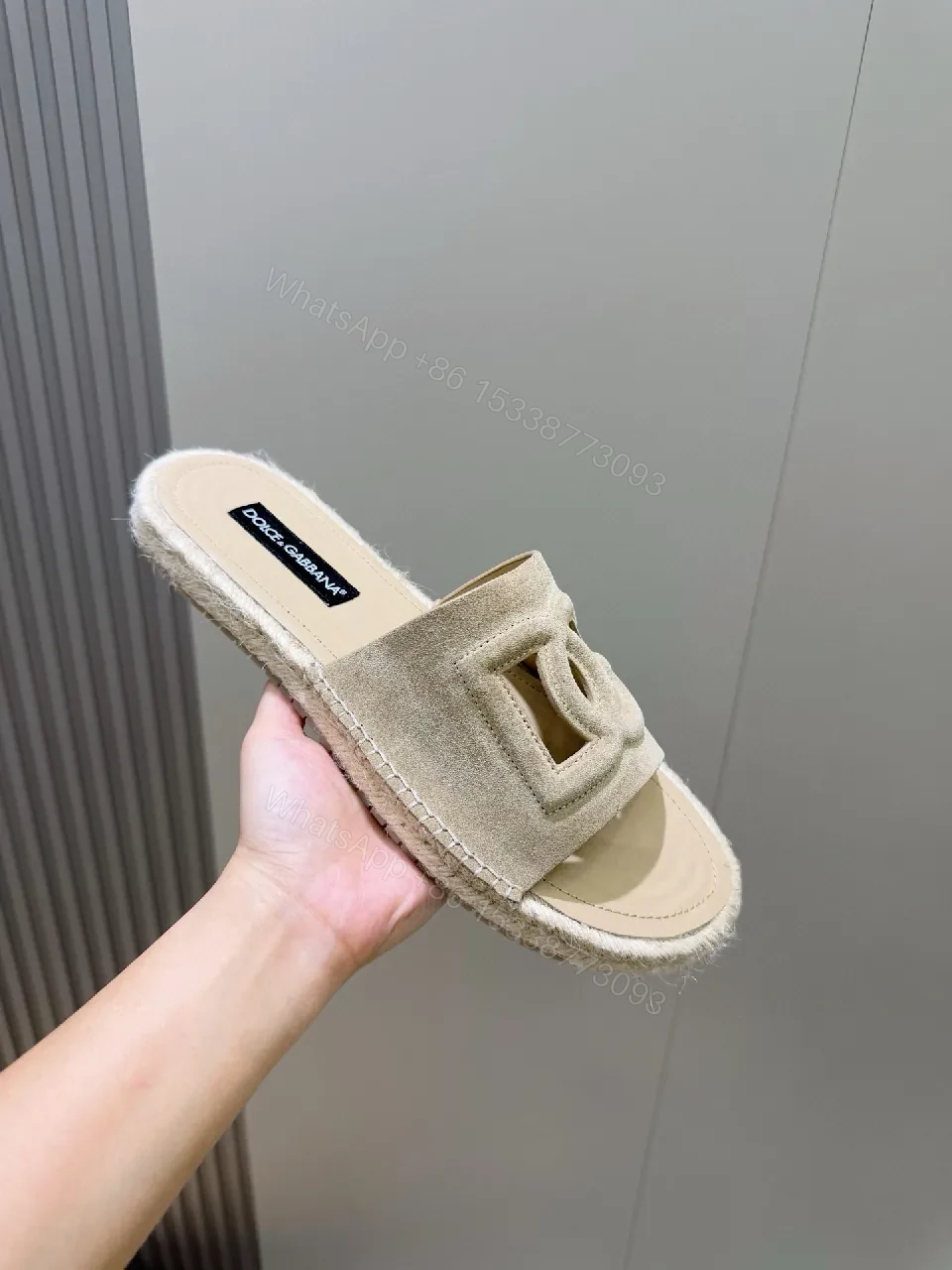 View 7 of Beige Suede-Texture Sandals + Logo Cut-Outs + Luxury Casual + Cushioned Footbed + Sandals