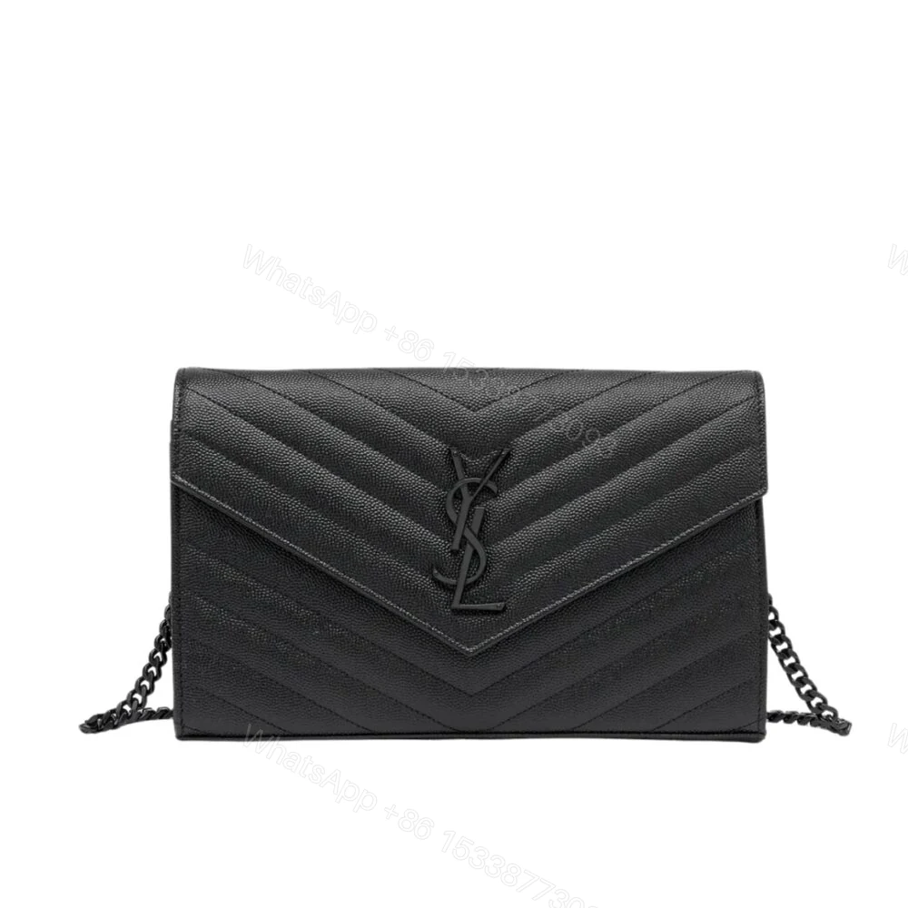 Saint Laurent Cassandre Matelassé Chain Wallet In Grain De Poudre Embossed Black Noir 22Cm — view 1