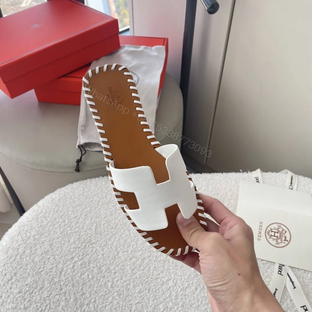 View 5 of Hermes Oran Sandals Stitching In Brown And White