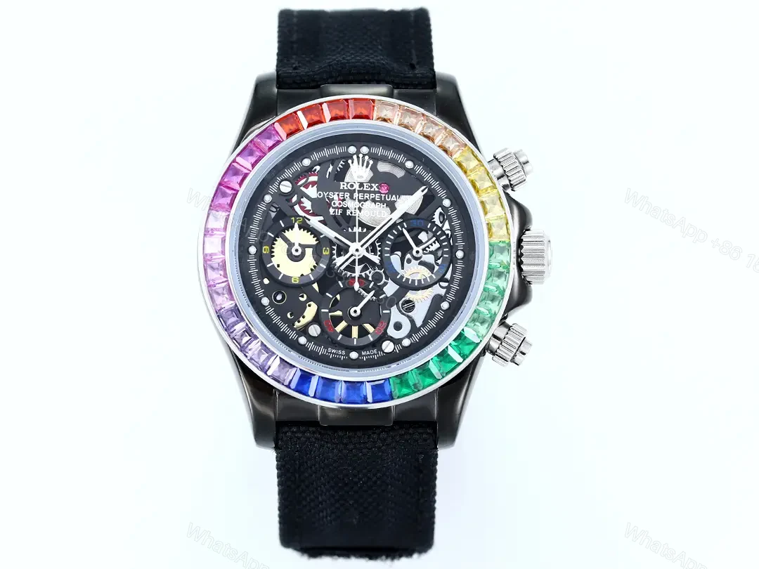 Rolex Daytona Rainbow Skeleton Black Strap replica 40MM Fabric Strap Edition RG-DAYTONA-RAINBOW-SKELETON-BLACK-STRAP-40 — view 1