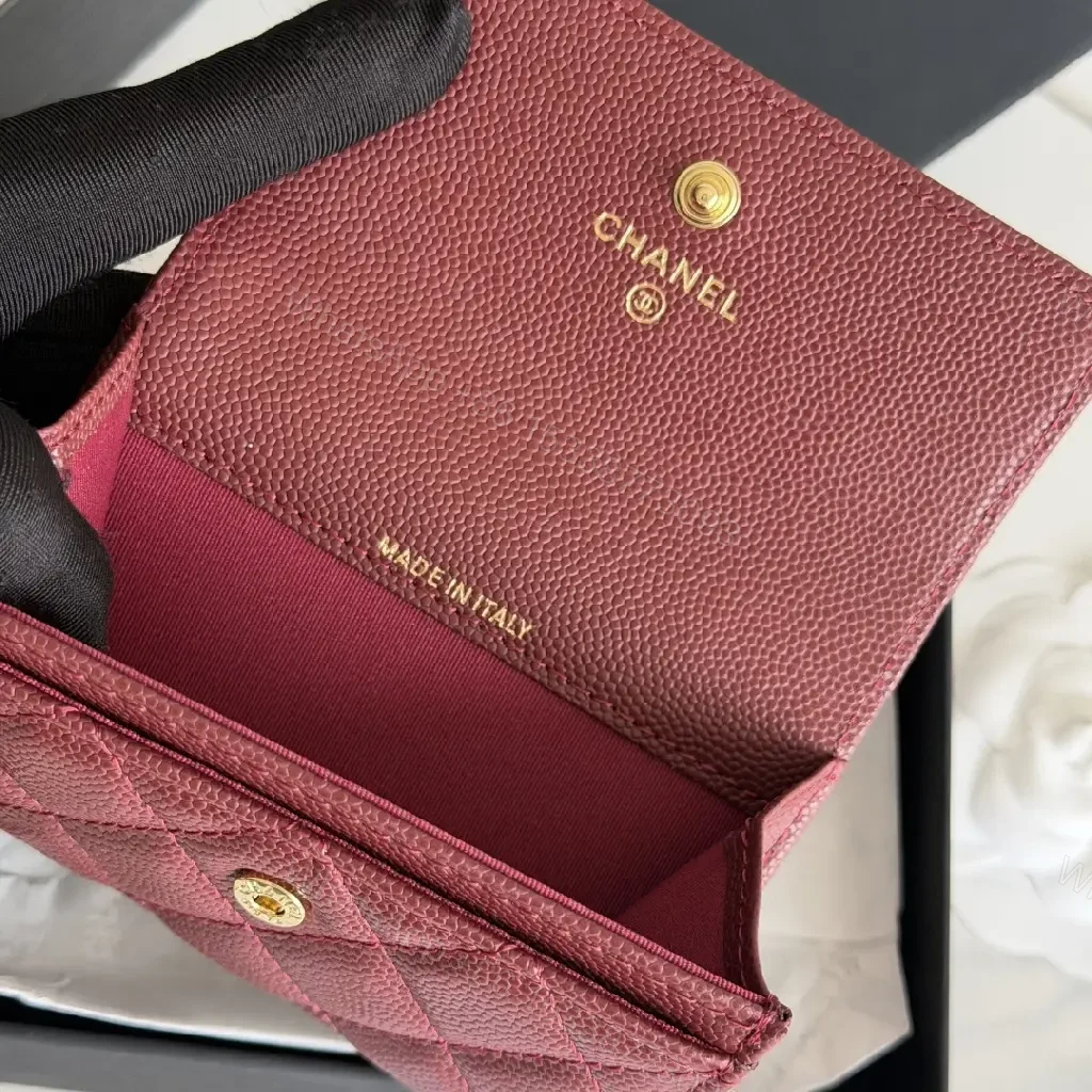 View 6 of Burgundy Quilted Leather Wallet — Gold Logo, Compact Bifold