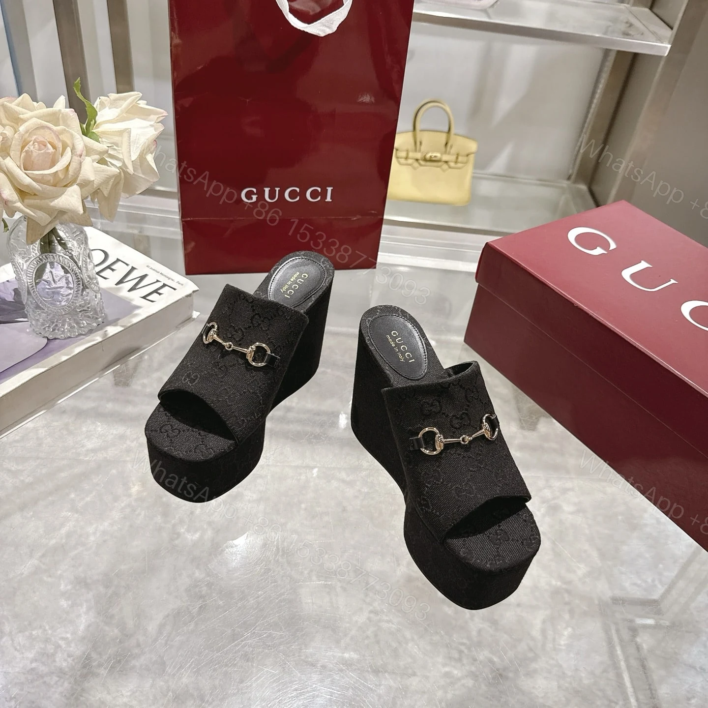 View 3 of GUCCI WOMEN’S WEDGE SANDAL WITH HORSEBIT BLACK 816328 FAB10 1000