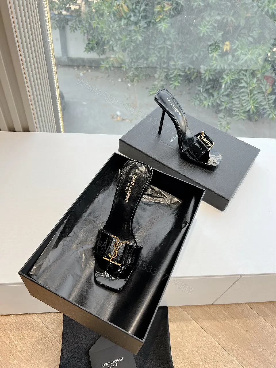 View 9 of Glossy Black Patent Heels with Gold Hardware Mules