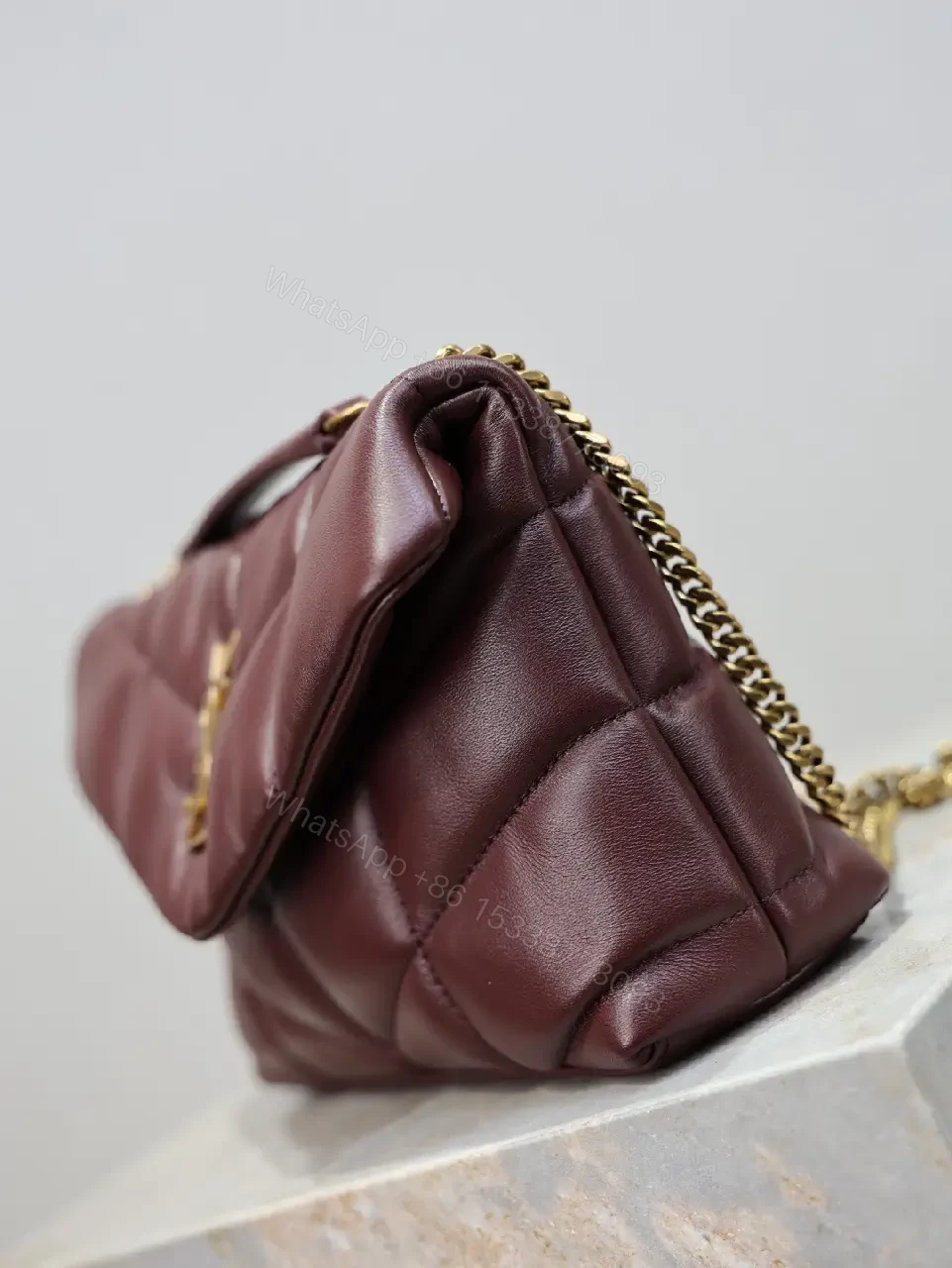 View 7 of Quilted Burgundy Leather Shoulder Bag with Gold Hardware