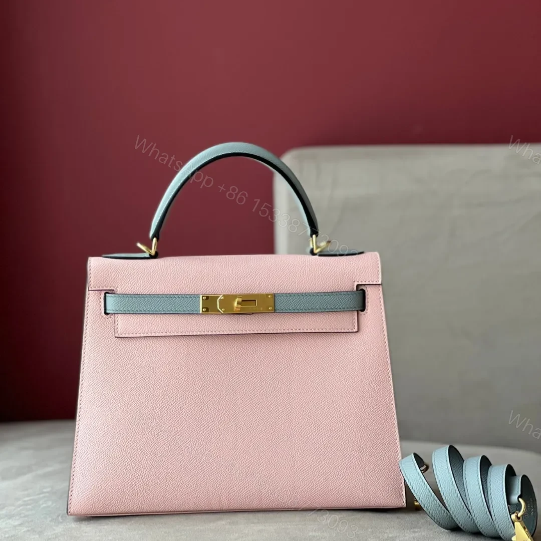 HN 25 Rose Sakura & Gris Perle Chèvre Epsom Leather Gold Hardware — view 1