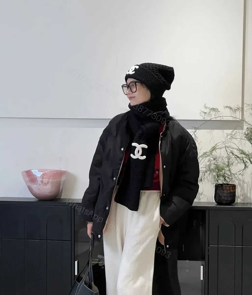 View 4 of Black Ivory Knit Set: Luxe Scarf & Beanie with Logo Clasp