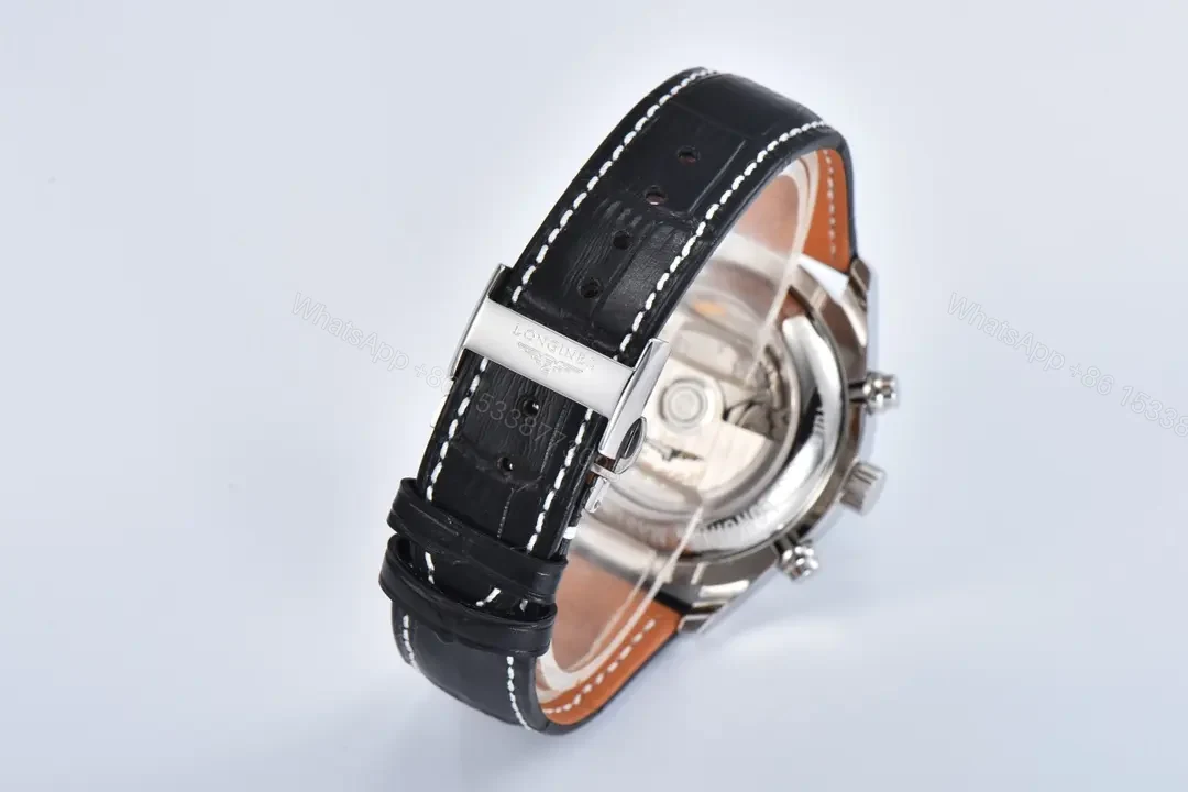View 8 of Longines Master Collection Moonphase Chronograph Watch Red Dial Stainless Steel Case Black Leather Strap 42mm