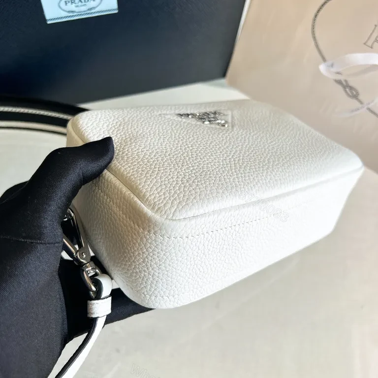 View 3 of White Leather Rectangular Crossbody with Bold Prada-Style Logo Strap