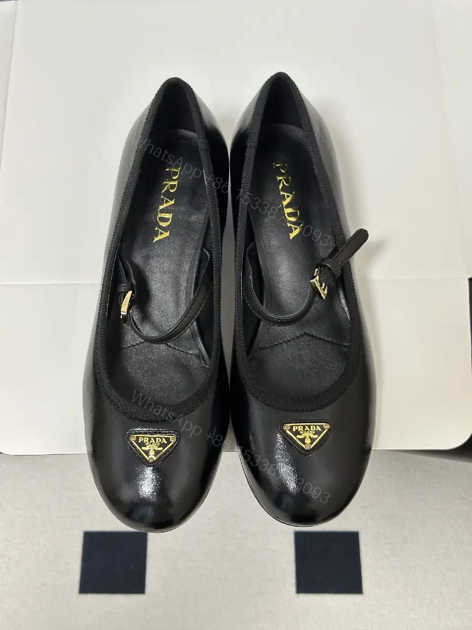View 2 of Black Leather Mary Jane Heels with Logo Accent, Prada-inspired style