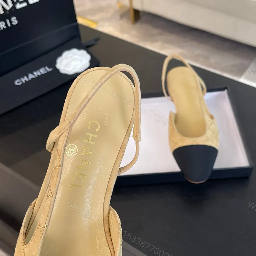 View 5 of Quilted Slingback Pumps: Tan & Navy Cap Toe, Heeled Comfort