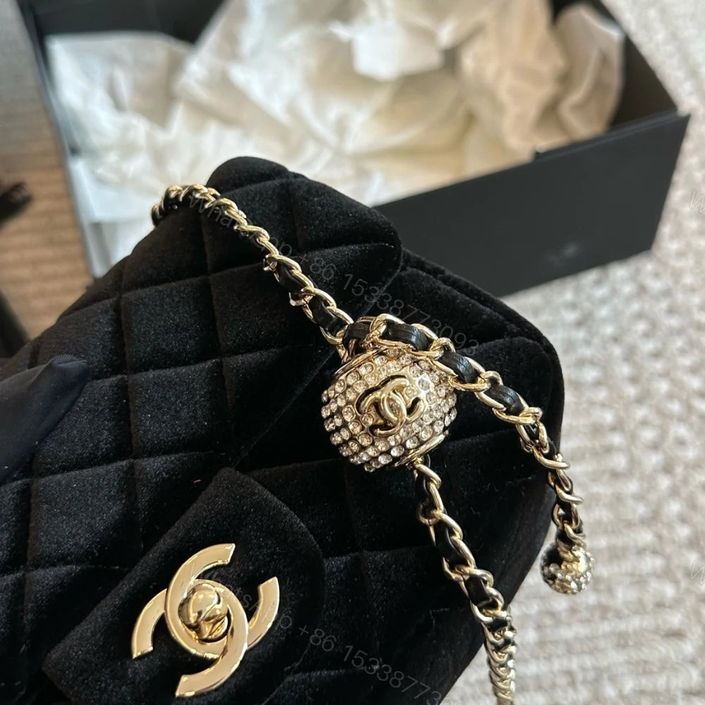 View 4 of Chanel Mini Flap Bag Velvet Diamante And Gold Tone Metal Black 20Cm