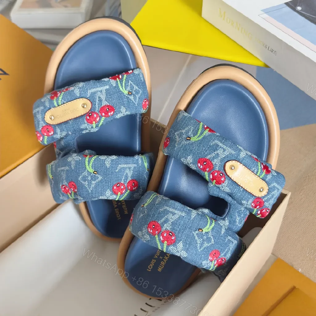 View 7 of Denim Cherry-Embroidered Slides: Playful Luxury Sandals