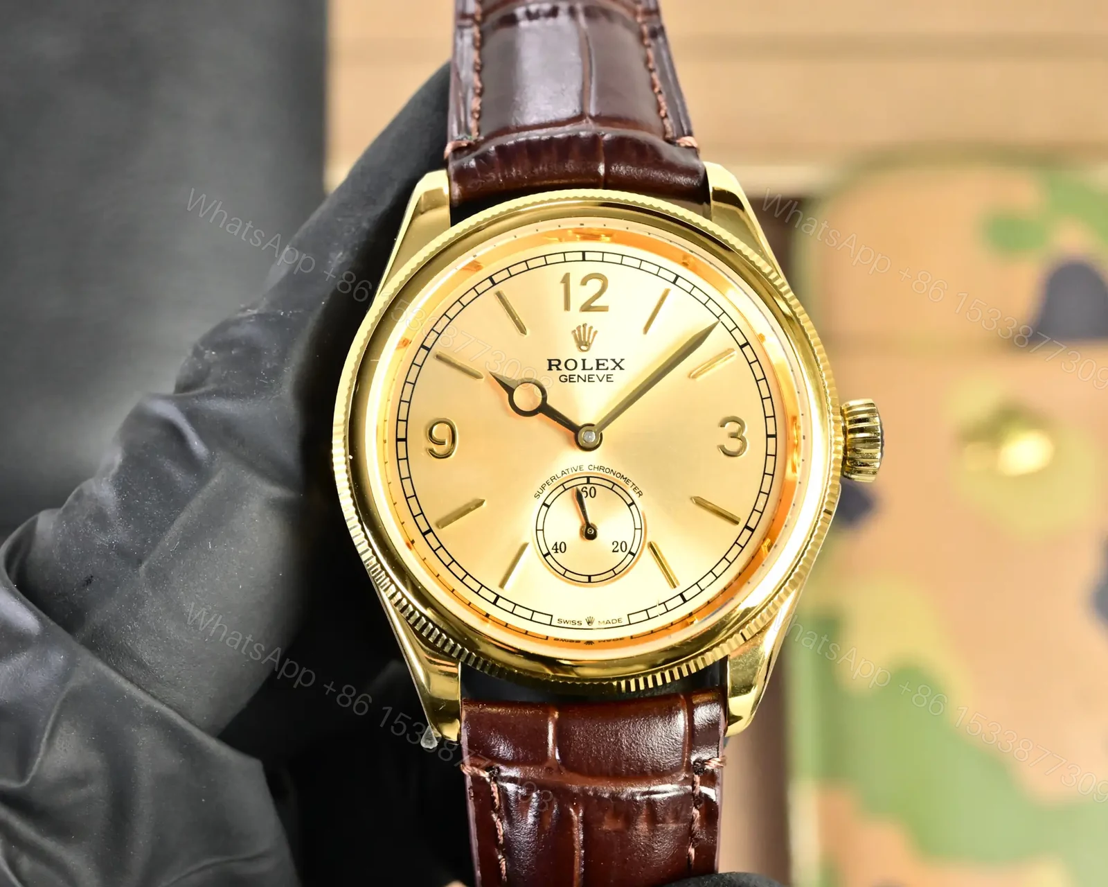 Best Rolex 1908 Gold Leather Strap replica 39MM Champagne Dial Edition RG-1908-GOLD-CHAMPAGNE-LEATHER-39 — view 1