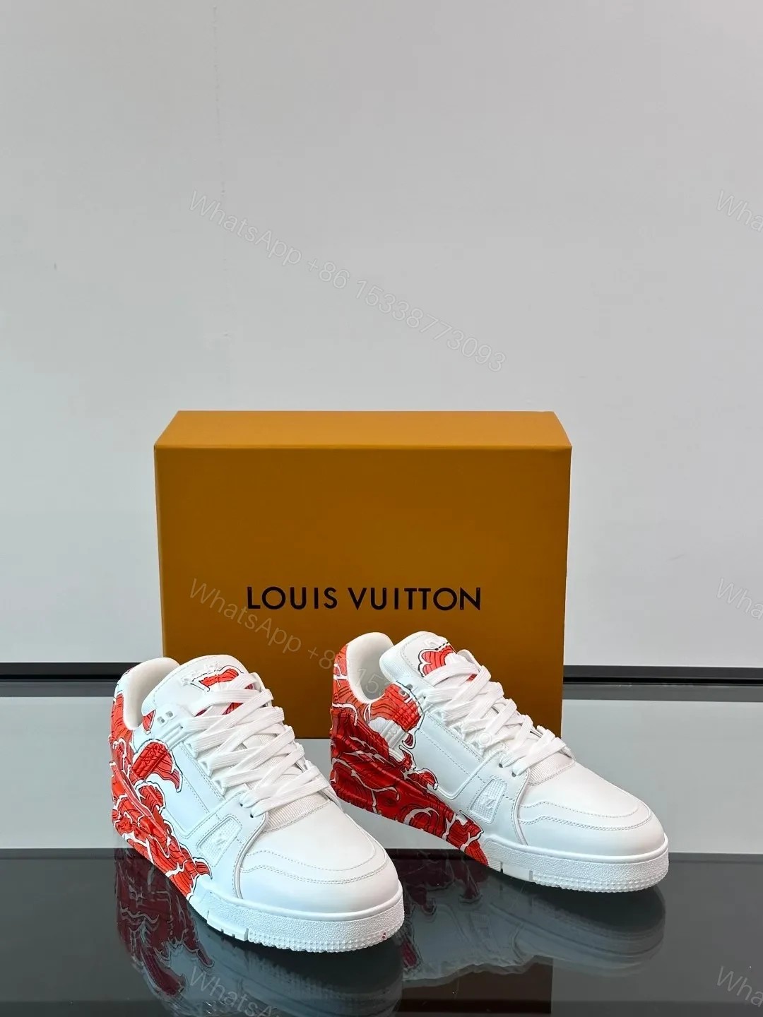 View 5 of LV Men White Leather Sneakers With Red Floral Design