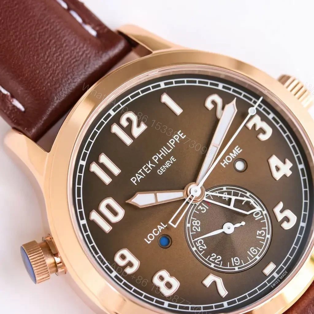 View 4 of Patek Philippe Calatrava Pilot Travel Time Watch Rose Gold with Brown Leather Strap Dual Time Zone Function Ref. 5524