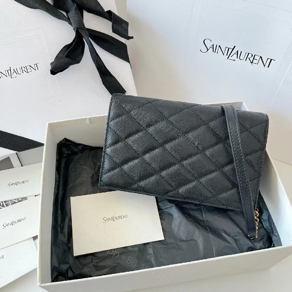 View 9 of Black Diamond Quilted Leather Flap Crossbody Bag with YSL Monogram Clasp