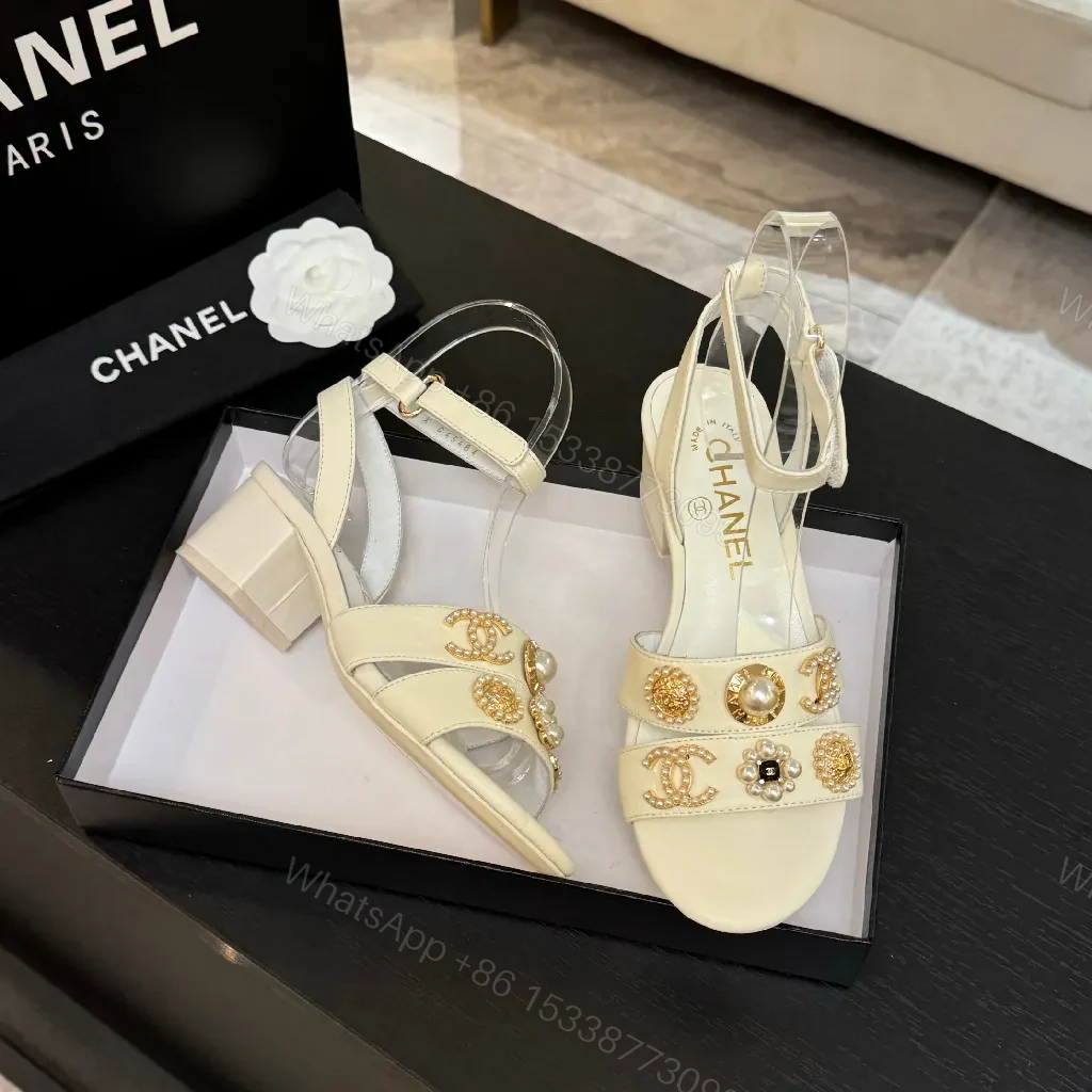 View 2 of Ivory Leather Block-Heel Sandals with Gold Embellishment