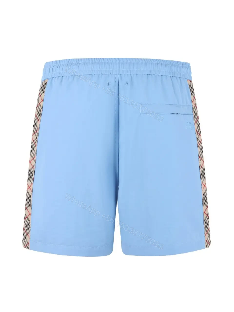 View 4 of Light Blue Cotton-Blend Swim Shorts with Burberry-Check Side Strips
