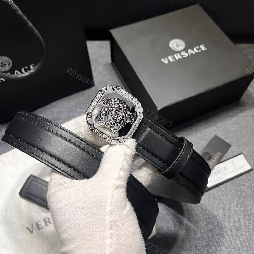 View 2 of Bold Black Leather Belt with Medusa Buckle - Crystalline Edge Accessory