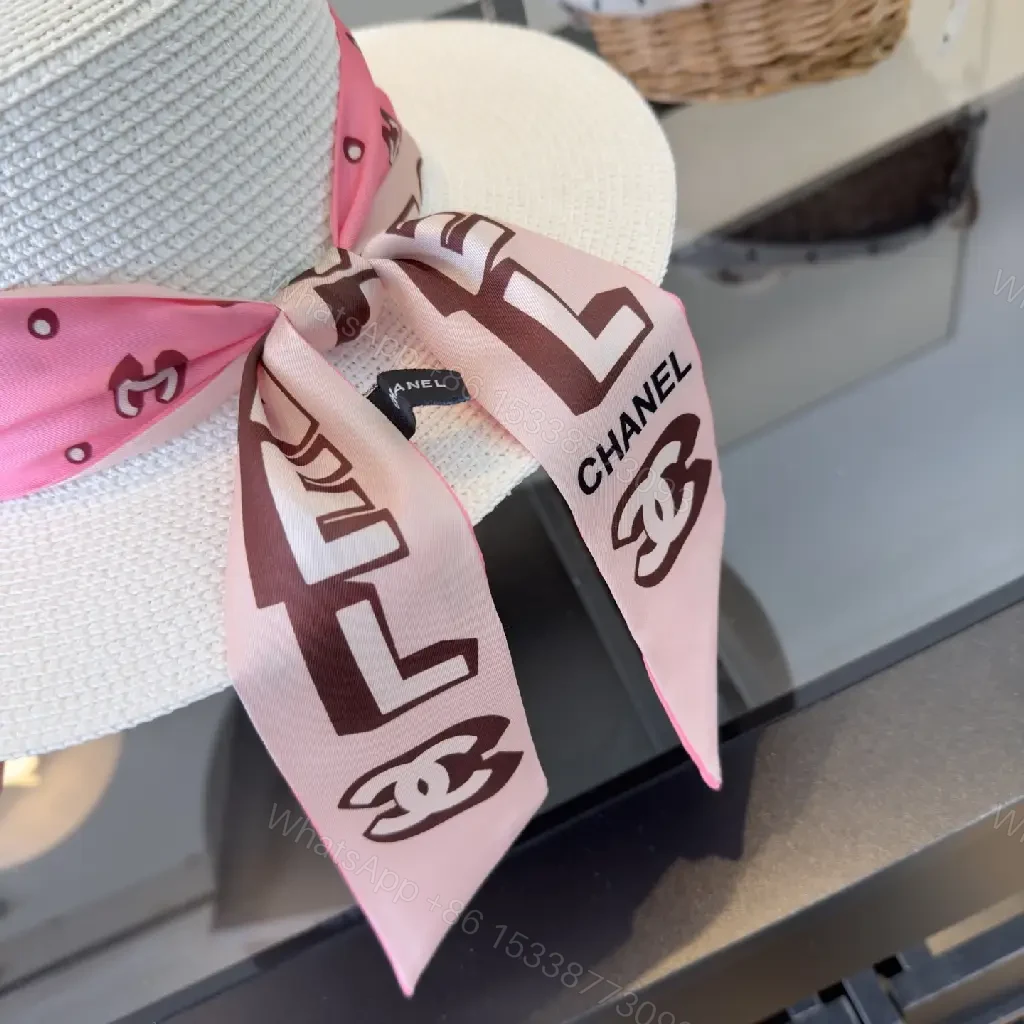 View 10 of White Silk Pink Scarf Band Straw Hat with Bow Chanel Logo