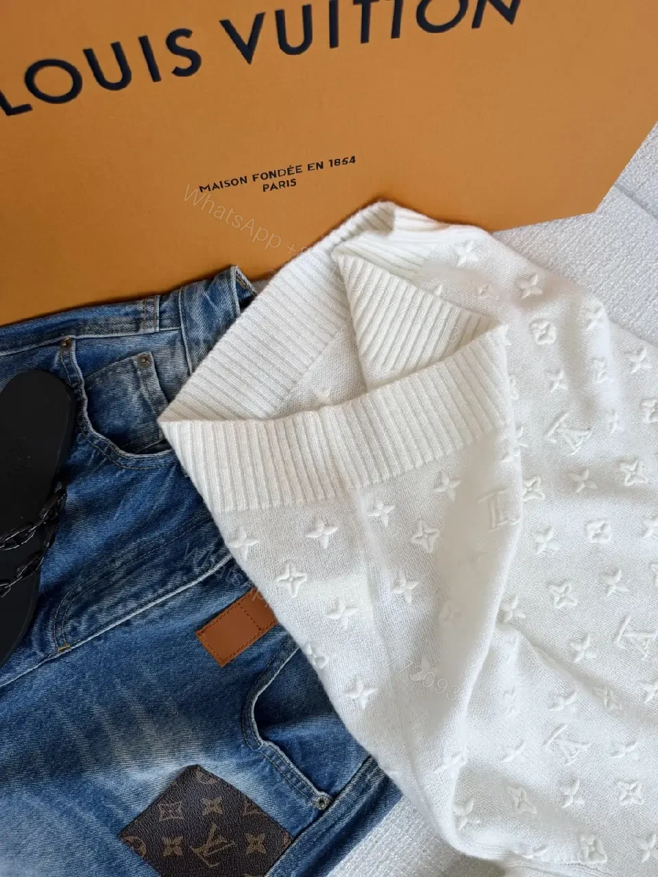 View 9 of White Knit Sweater Baggy Monogram Star Pattern Crew Neck Knitwear