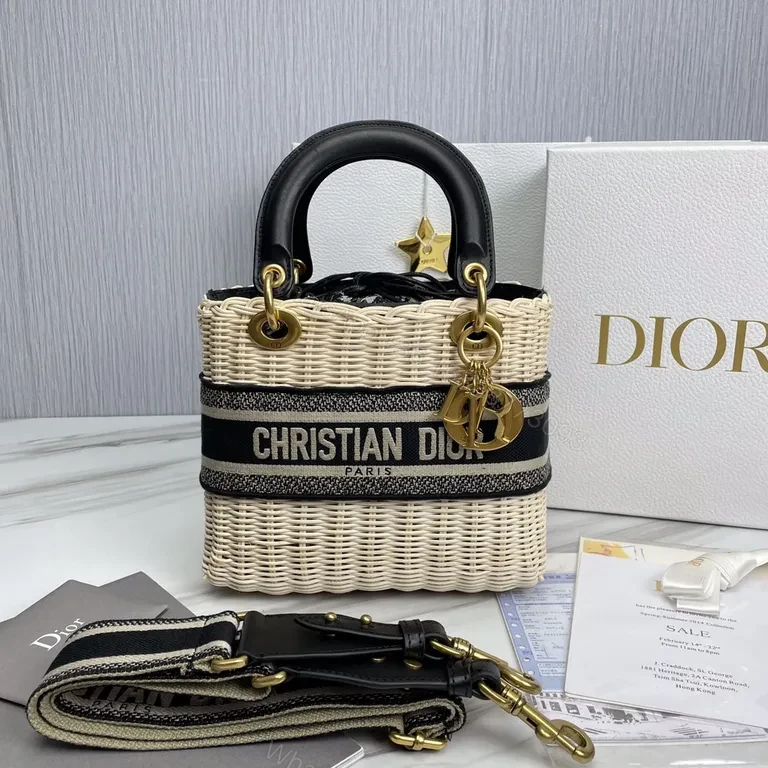 Dior Structured Straw Handbag with Leather Trim & Logo Band — view 1