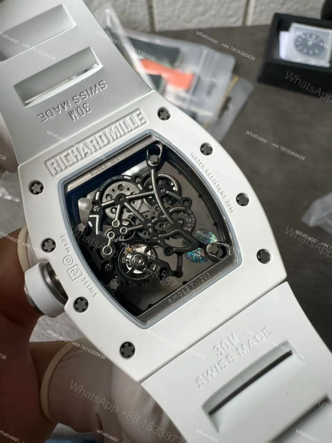 View 11 of Super Clone Richard Mille RM 055 White Ceramic Titanium Skeleton White Rubber Strap 1:1 Replica Watch