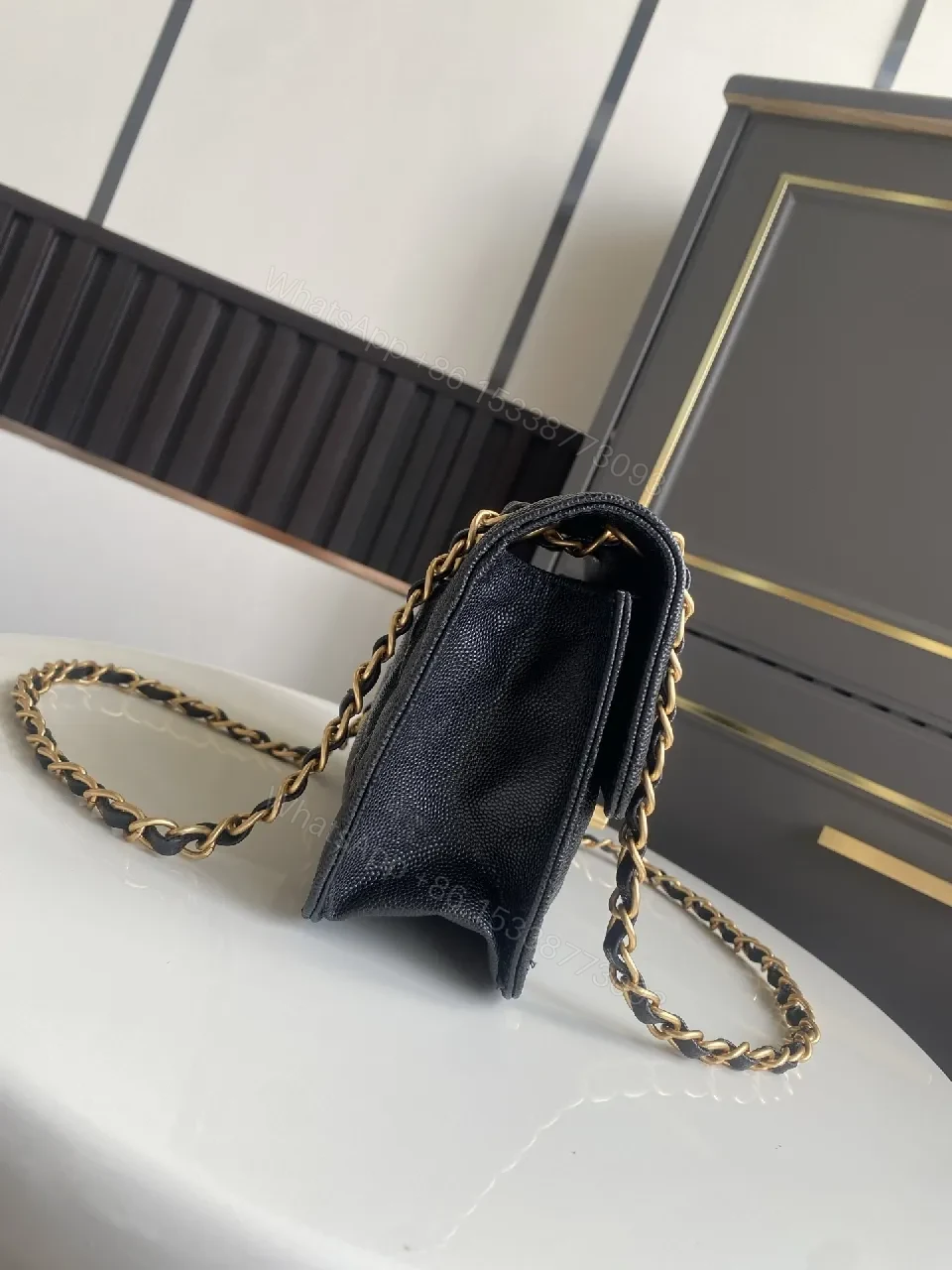 View 9 of Black Quilted Flap Bag with Gold Chain - Timeless Luxe Signature