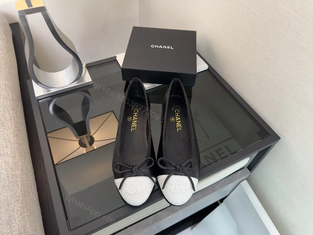View 10 of Black Leather Ballet Flats White Toe Cap Classic Iconic Logo Chanel Ballet Shoes