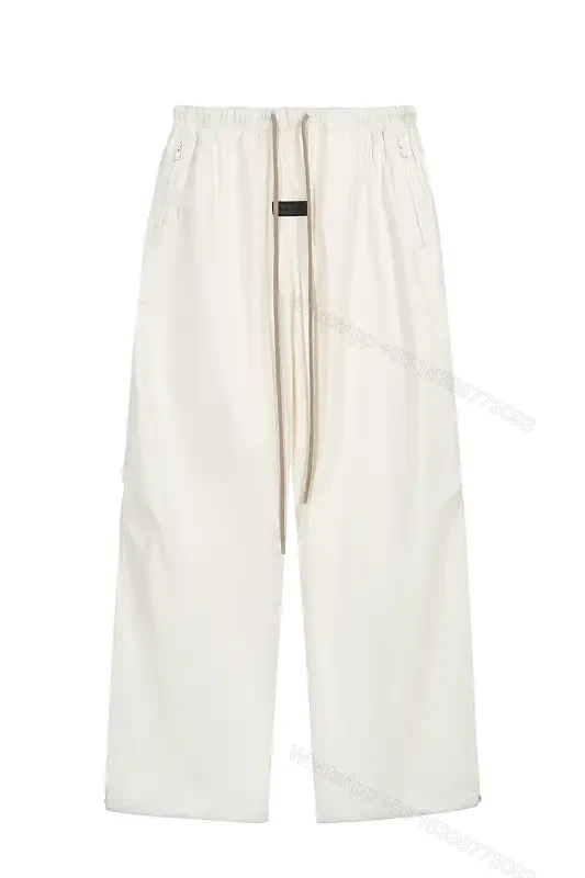 Off-White Wide-Leg Cropped Pants with Elastic Drawstring Waist — view 1