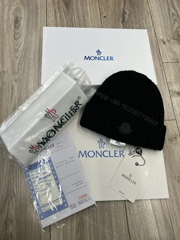 View 4 of Caramel Knit Beanie: Moncler Ribbed Wool Style, Logo Patch, Unisex