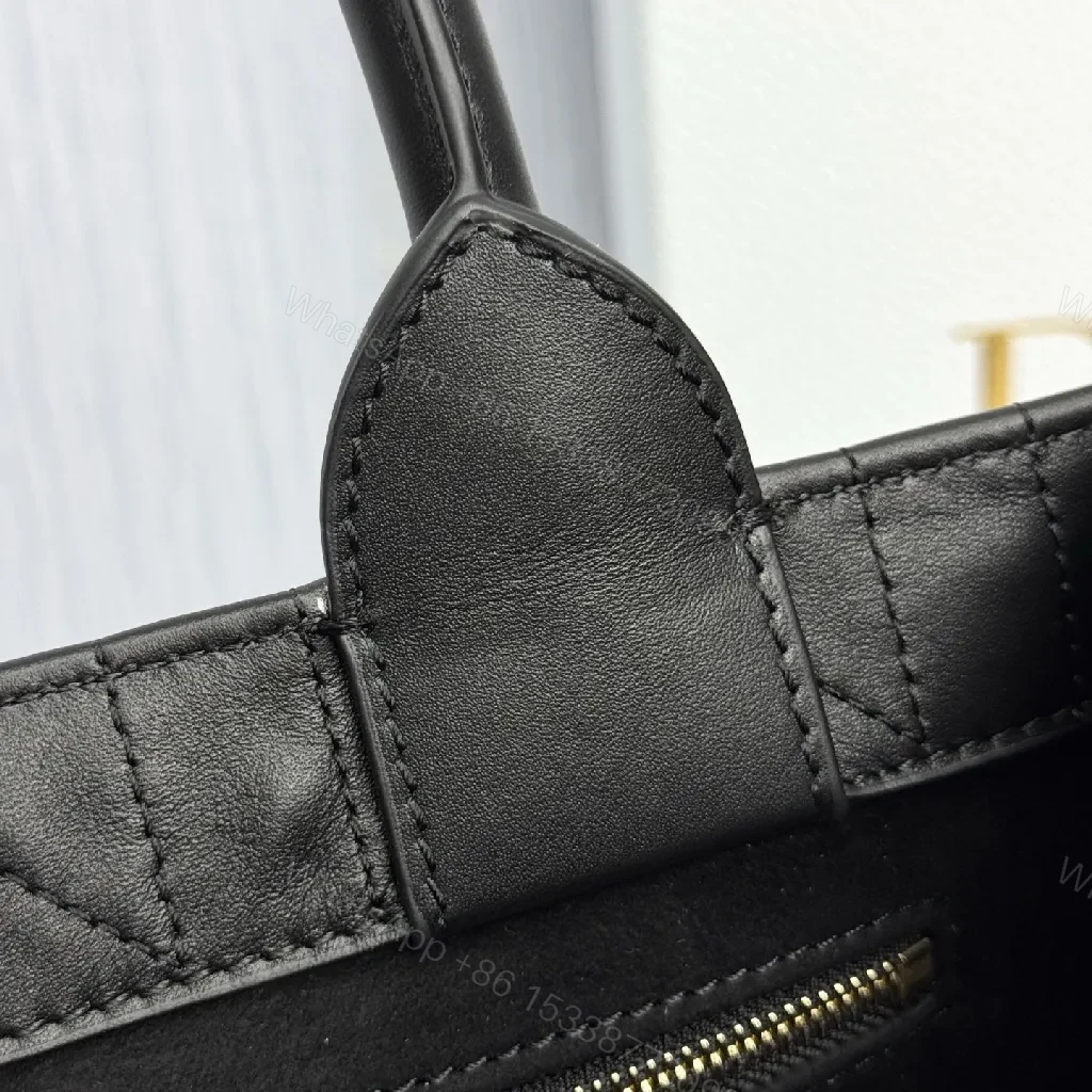 View 6 of Black Quilted Mini Tote - Leather, Gold Charm, Structured, Compact Carryall