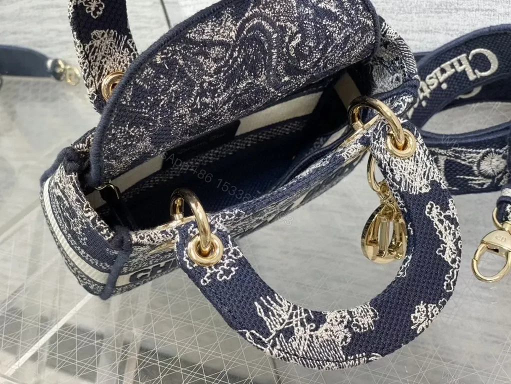View 8 of Navy Tapestry Mini Tote: Dior Logo Luxe Carryall