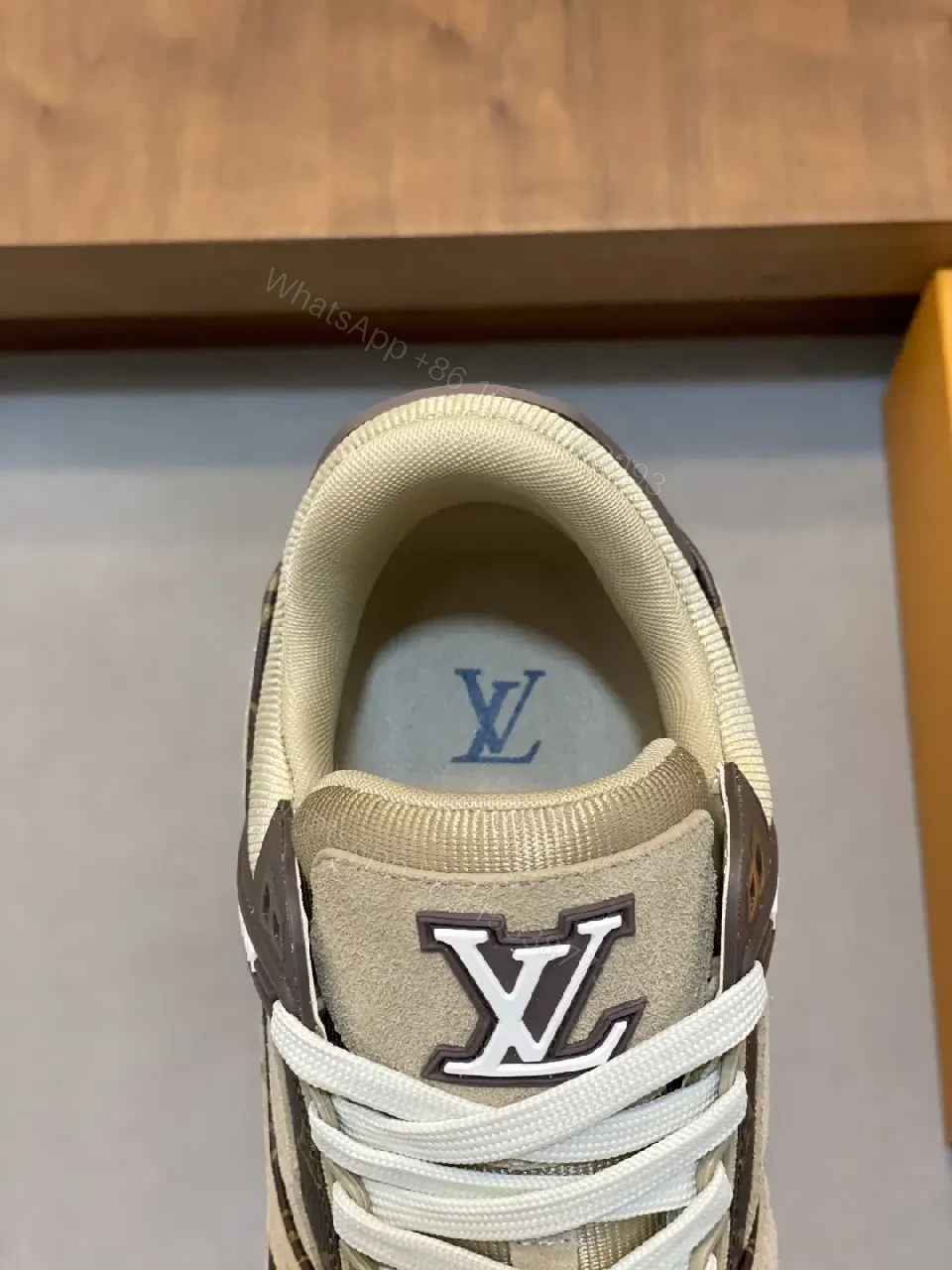 View 2 of Beige Canvas Louis Vuitton-Style Sneaker with Iconic Accents