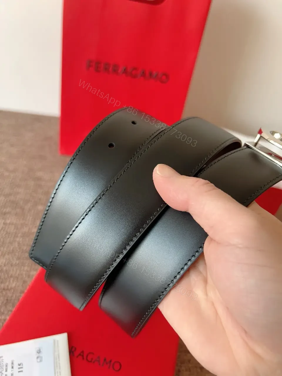 View 9 of Statement Black Leather Belt with Double-Circle Buckle