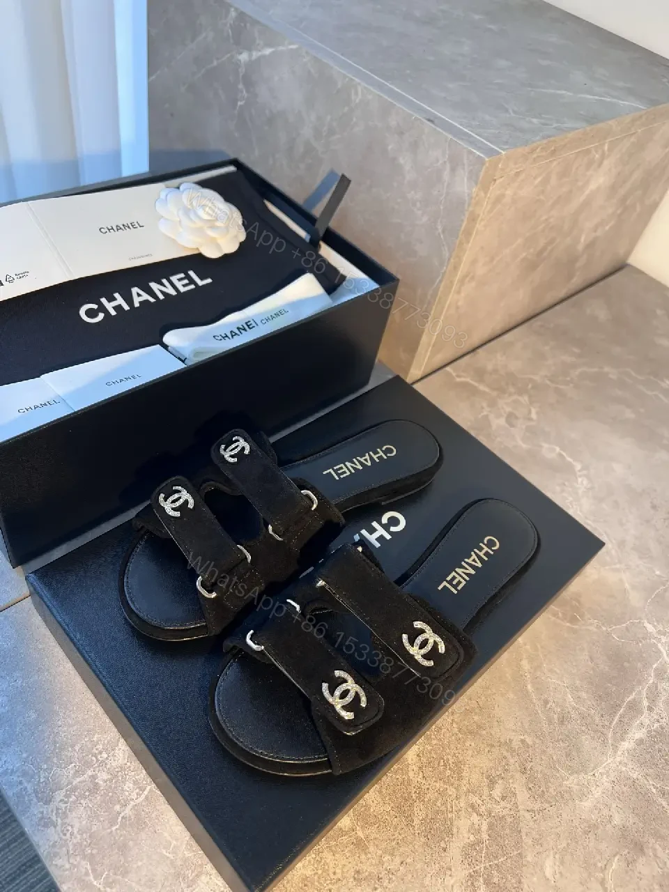 View 3 of Black Velvet Slide Sandals with Signature Hardware
