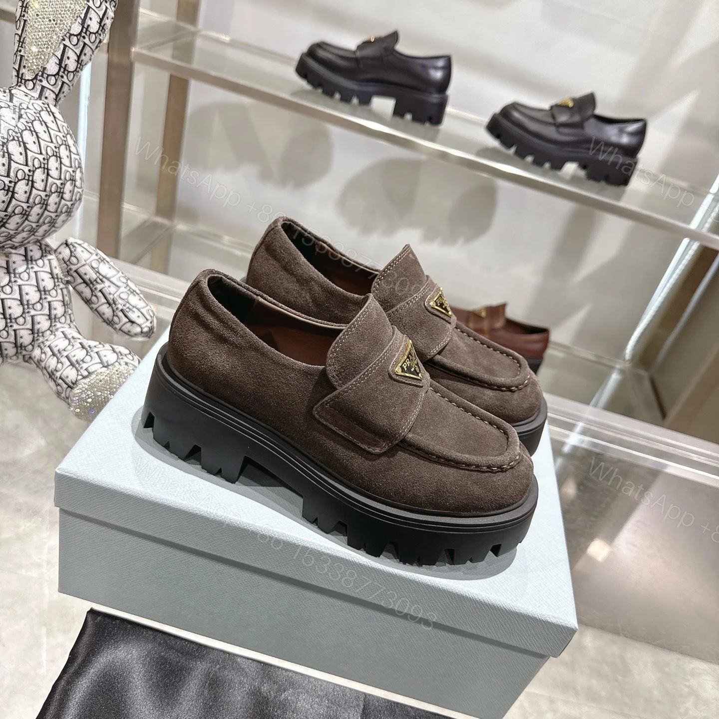 View 2 of Prada Chocolate Suede Loafers Dark Brown