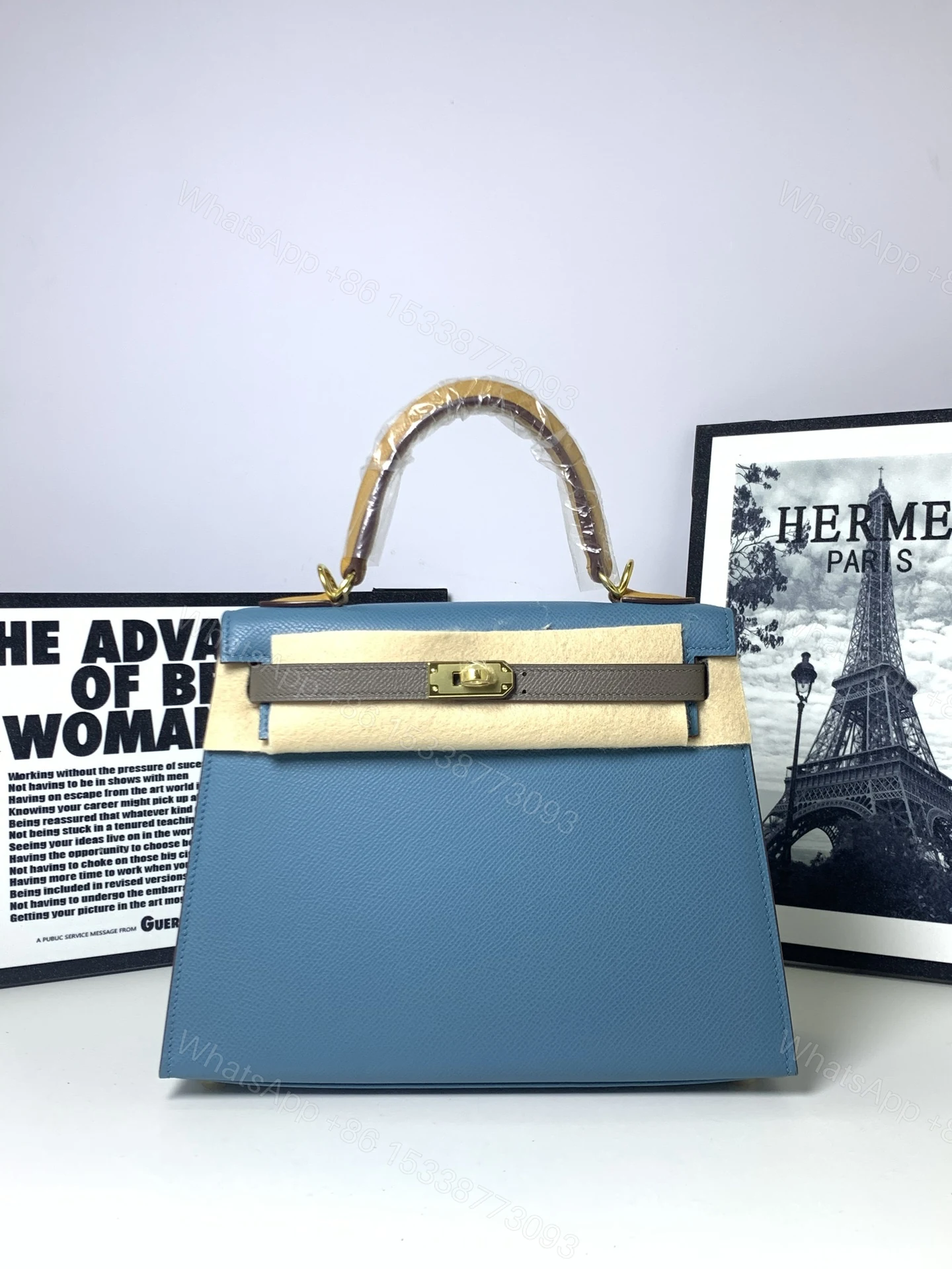 Hermès 原單 Kelly 28 藍色拼接手提包 清新撞色高級精品女包 — view 1