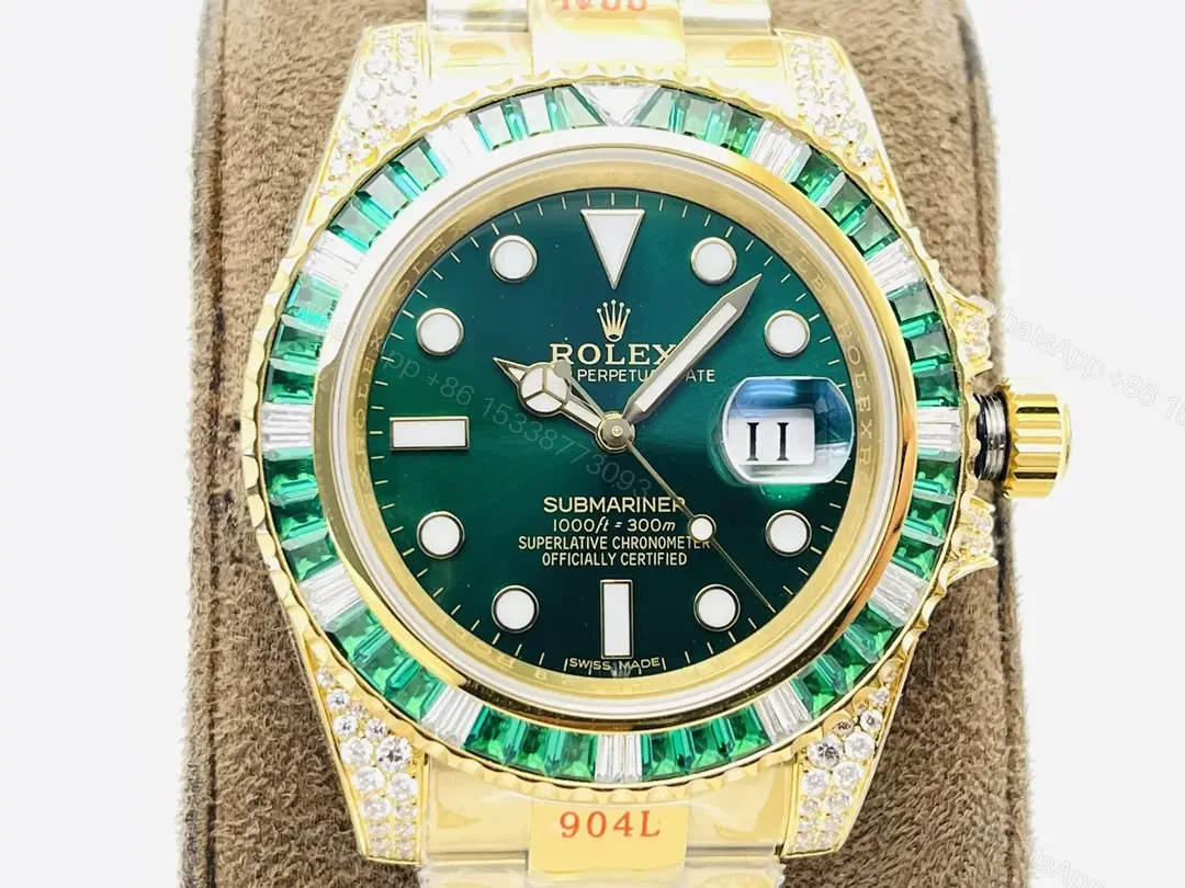 View 3 of Rolex Submariner Yellow Gold Green Black Bezel Paved Diamond Oyster Bracelet 40mm RLX-SUB-YG-GRNBLK-PAV40-OYS