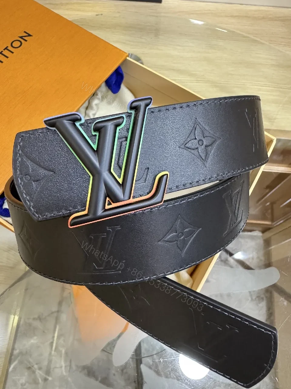 Bold Leather Belt: Monogram Color-Block Buckle — view 1