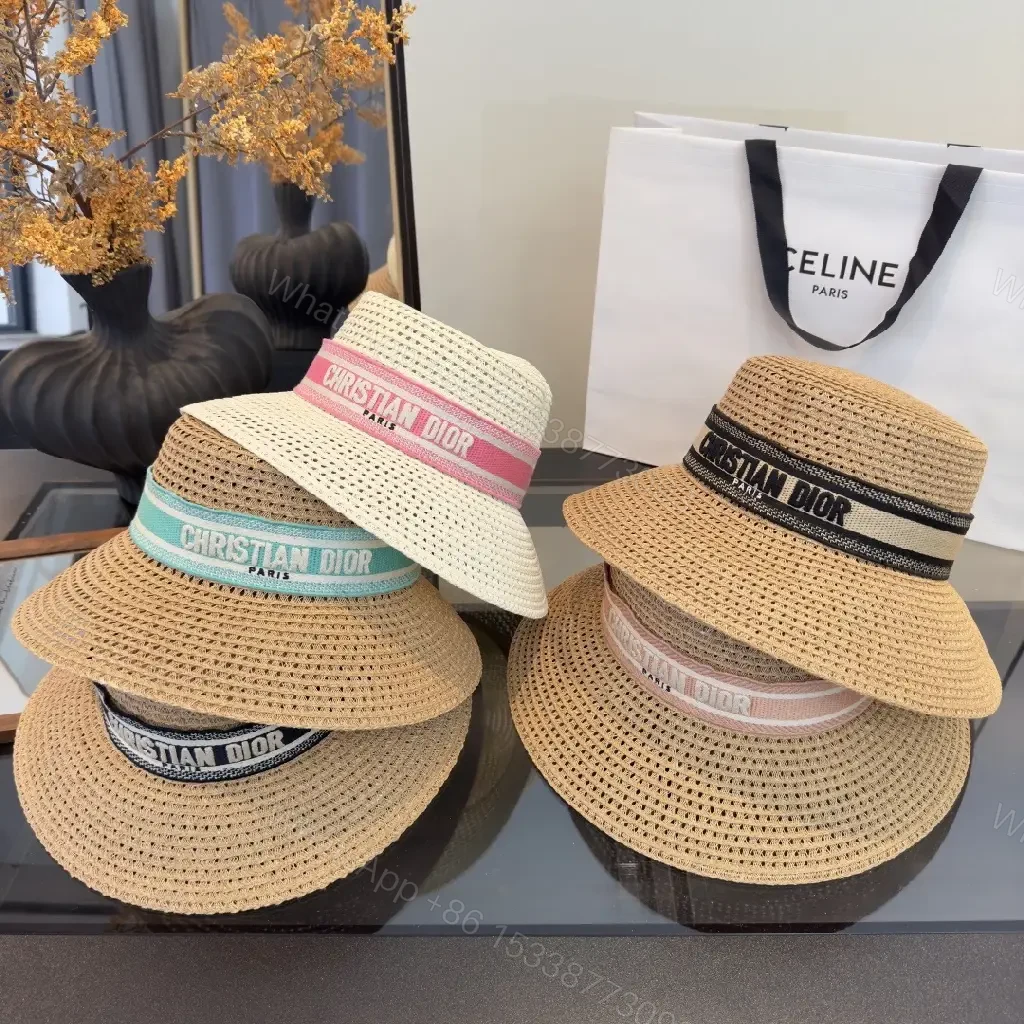 View 8 of Natural Straw Boater Hat with Ribbon Brand Stripe - Dior Inspired